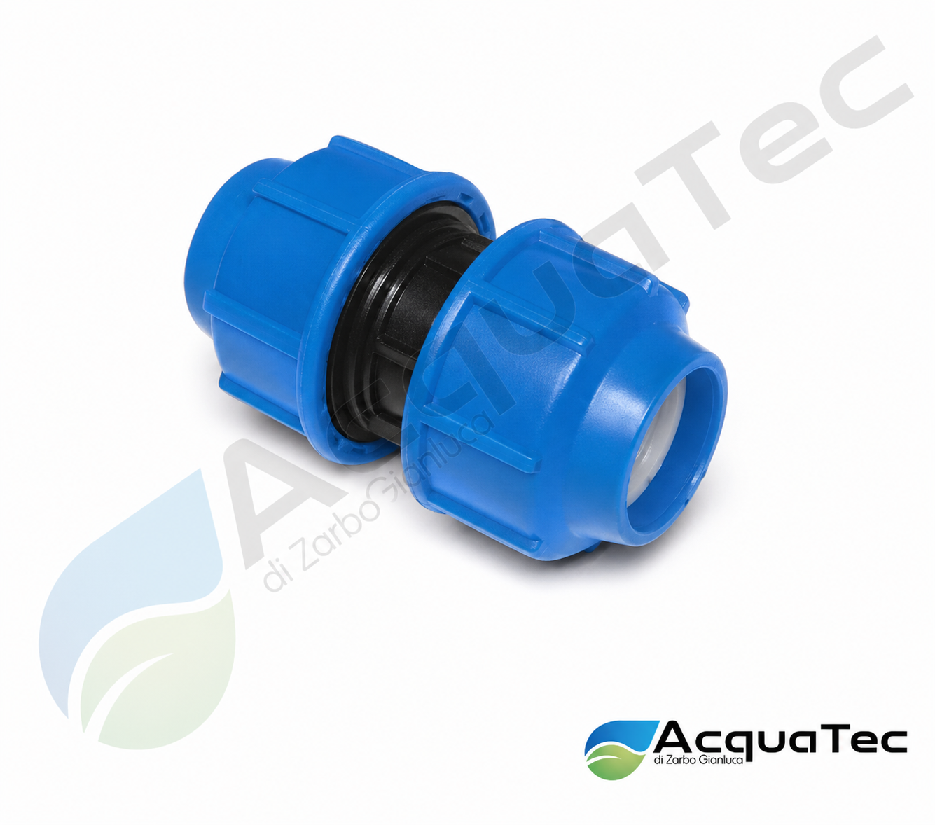 Raccordo a compressione per tubi in polietilene con doppia ghiera blu per impianti idrici e irrigazione.