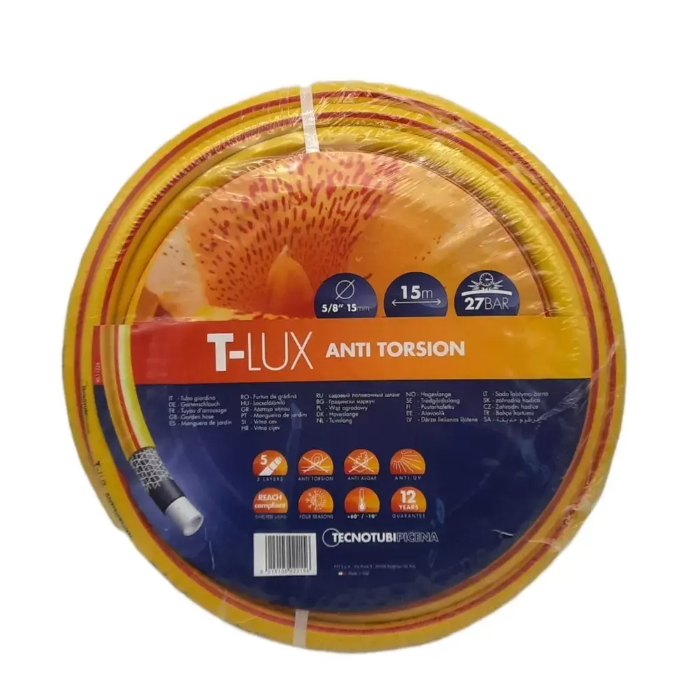 Tubo antitorsione 5/8 T-Lux Tricolux giallo per irrigazione giardino 15 metri