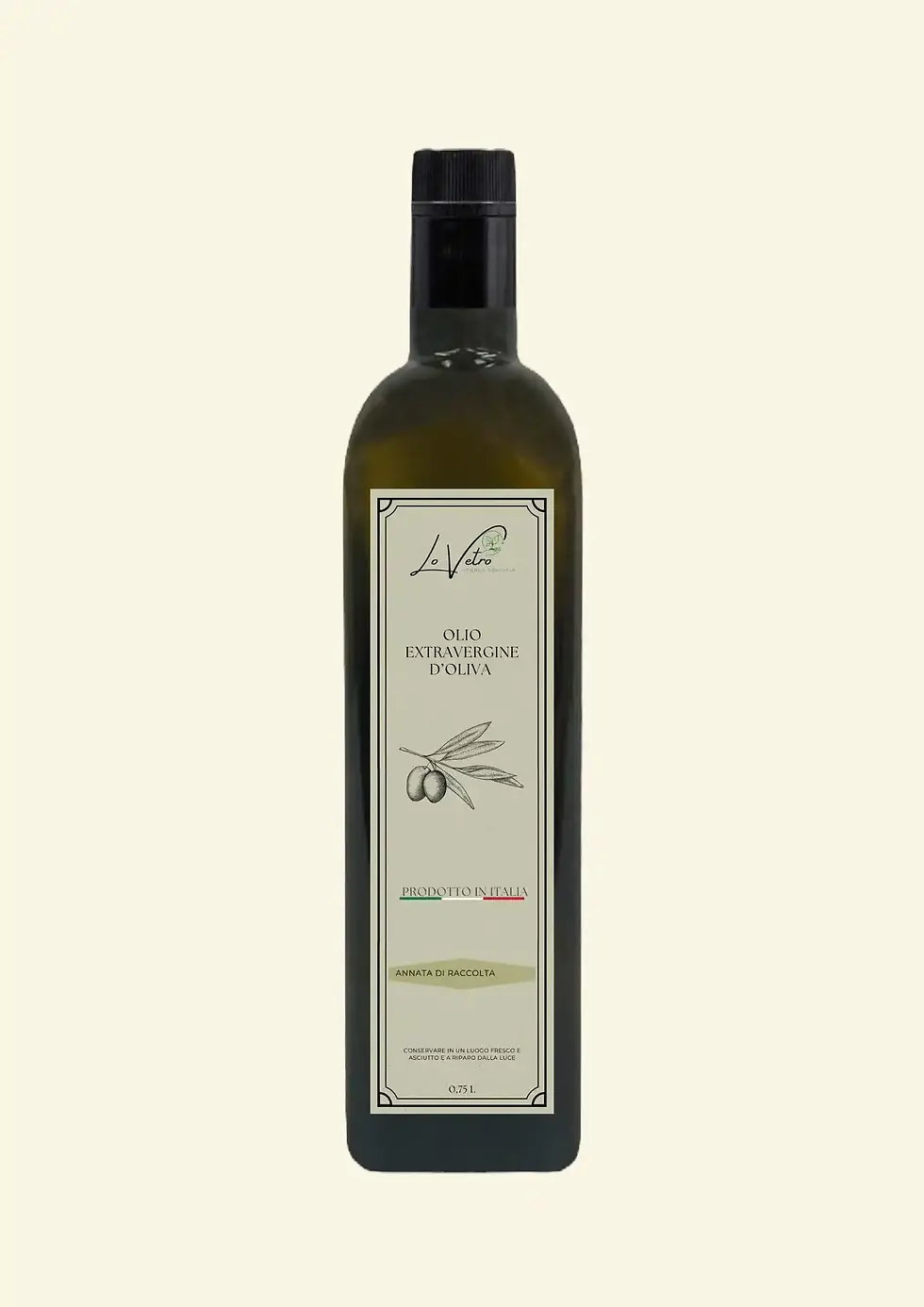 Bottiglia da 0.75 litri di olio extravergine d’oliva Lo Vetro, prodotto italiano dal gusto armonioso e piccante