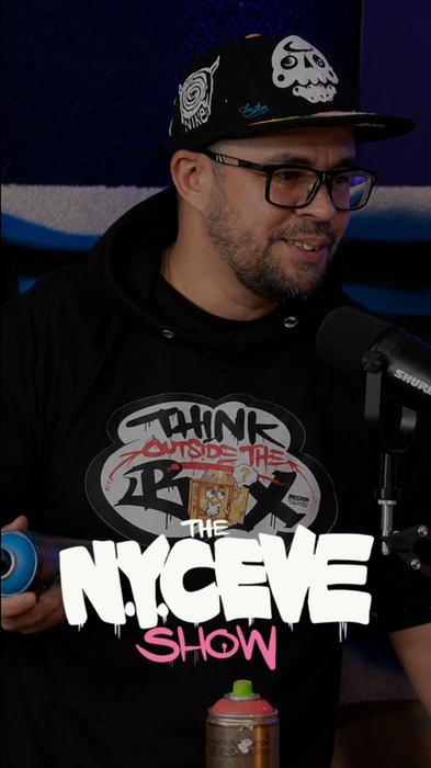 The N.Y. Ceve Show podcast card featuring graffiti artist N.Y. Ceve in the studio.