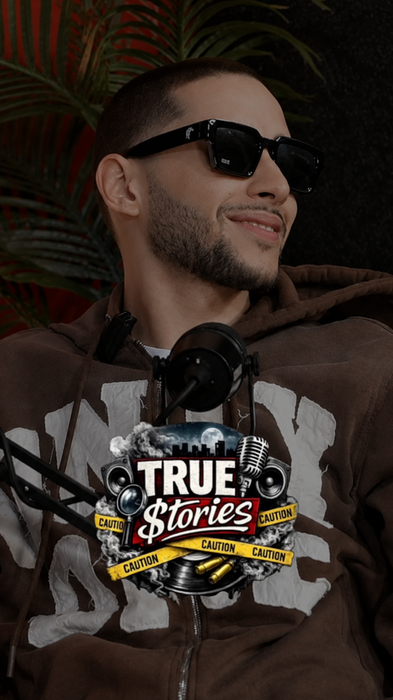 True Stories podcast card featuring host, Stories, sharing real-life experiences in Big Mouth Studio.
