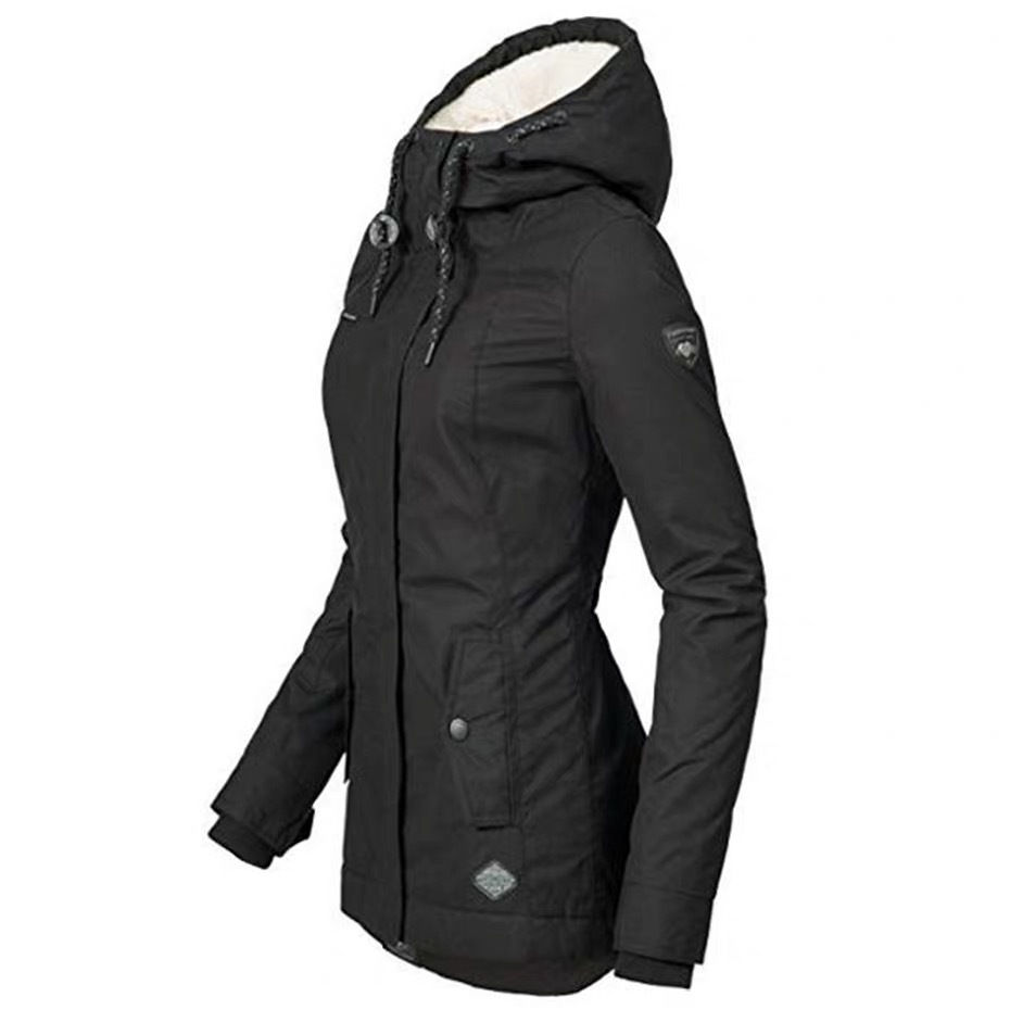 Thickened Cotton Jacket for Women - Black Hooded Coat