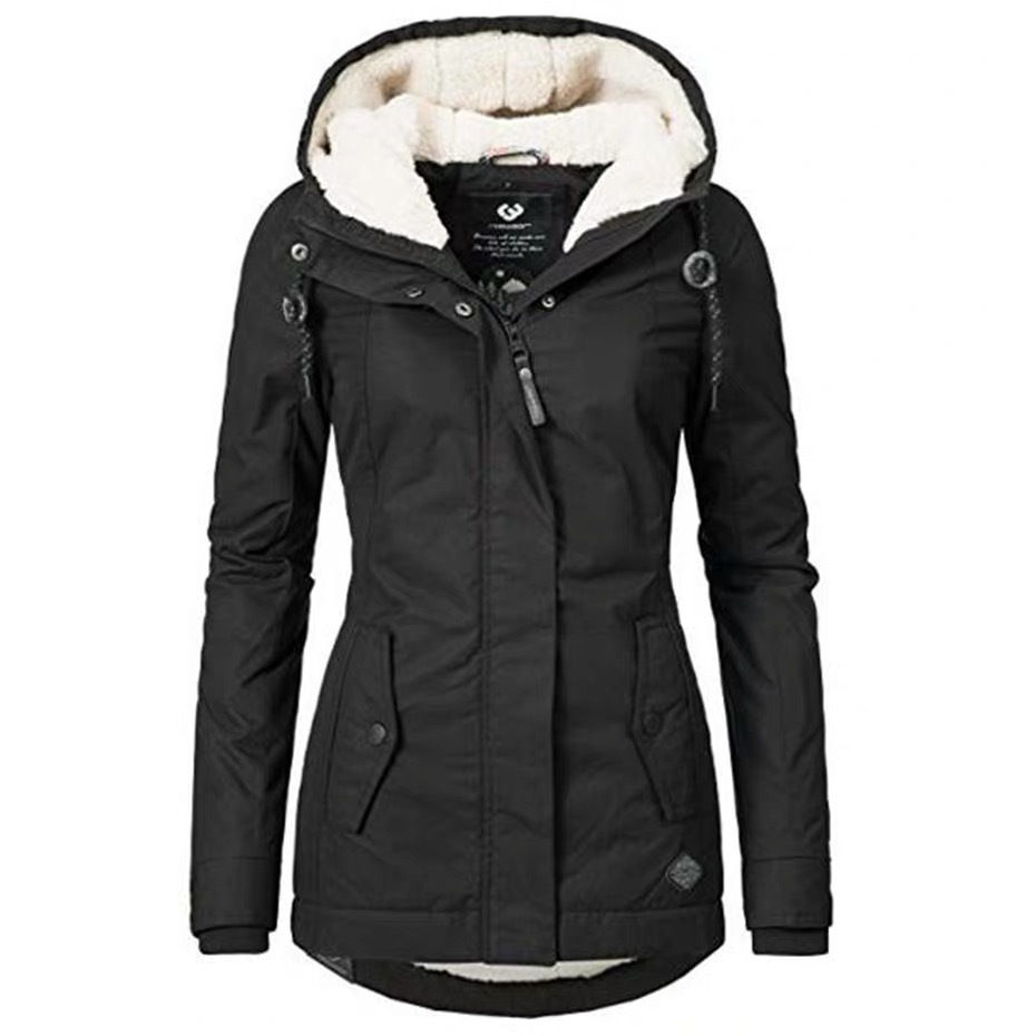 Thumbnail: Thickened Cotton Jacket for Women - Black Hooded Coat