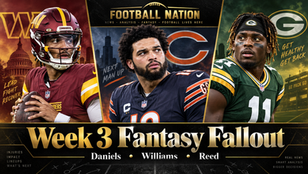 Original Football Nation editorial illustration of Jayden Daniels, Caleb Williams and Jayden Reed for a Week 3 fantasy injury report.