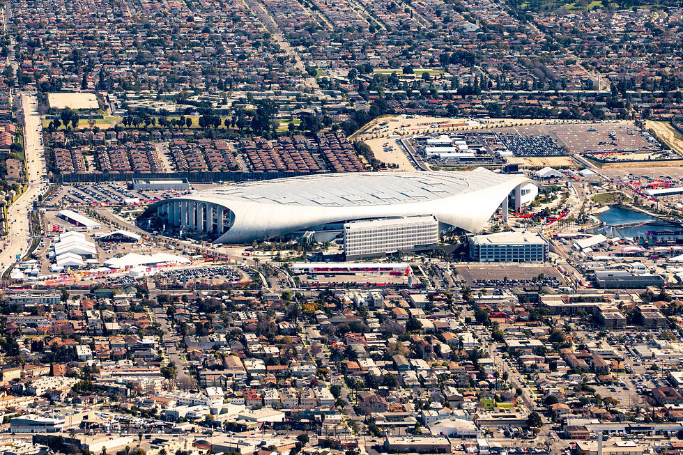 Aerial view of SoFi Stadium in Inglewood, site of the Giants-Rams game where Jaxson Dart injured his left knee.