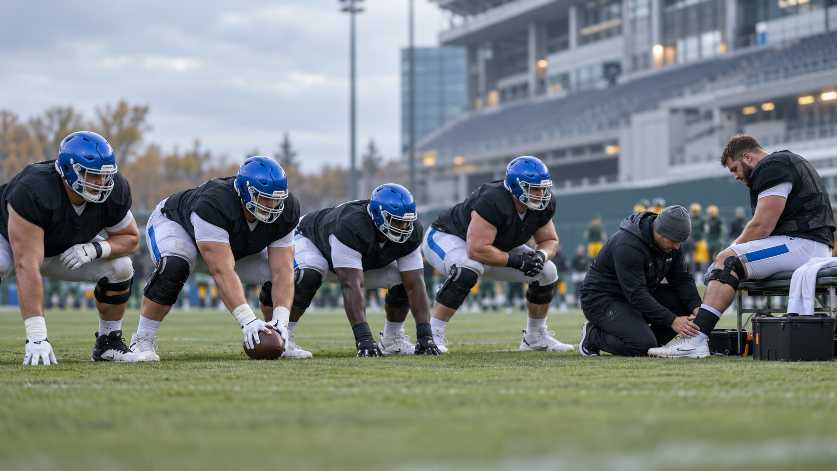 Anonymous Carolina-colored offensive line practices while a trainer evaluates a lineman before Week 8.