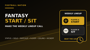 Football Nation black-and-gold fantasy start-sit cover showing an original weekly lineup board with one starter and one bench player.