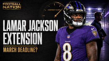 Football Nation cover featuring Baltimore Ravens quarterback Lamar Jackson, number 8, with a contract clock and March deadline headline.