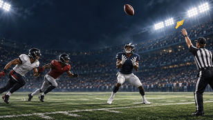 AI-generated Football Nation editorial illustration of a punt returner protected under a descending football as coverage players approach and an official throws a flag.