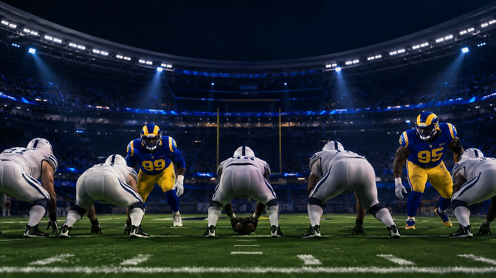 AI-generated Football Nation editorial illustration of Aaron Donald aligned inside and Myles Garrett aligned wide in a 2026 Los Angeles third-down front.