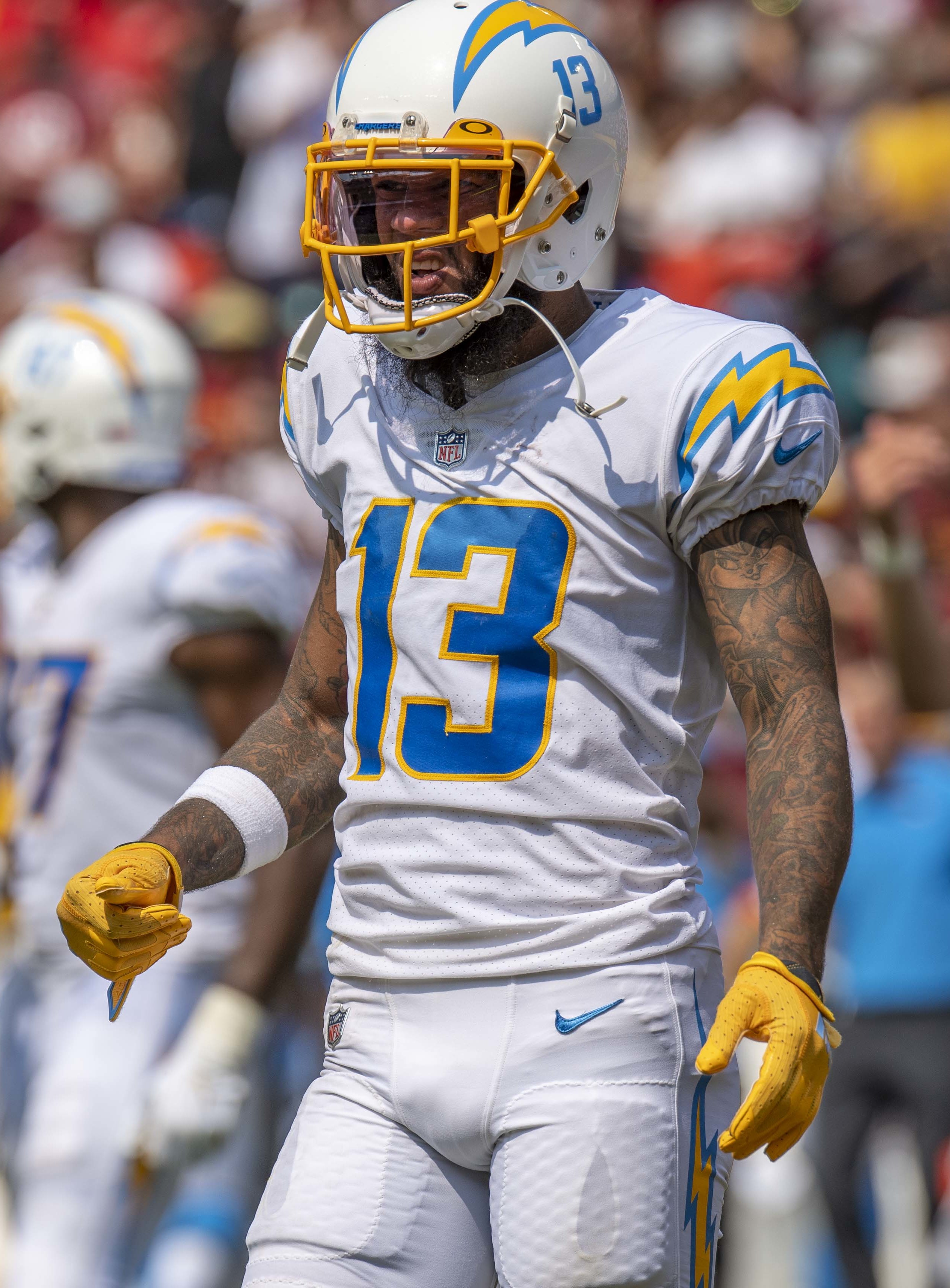 Keenan Allen wearing a Los Angeles Chargers uniform during a 2021 game at FedEx Field, before he joined the Indianapolis Colts.