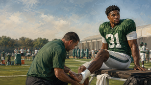 AI-generated Football Nation editorial illustration of Jets rookie David Bailey in an unbranded green No. 31 practice uniform while a trainer examines his ankle.