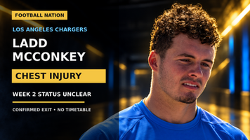 Football Nation cover featuring Los Angeles Chargers receiver Ladd McConkey with the confirmed chest injury and Week 2 status unclear.