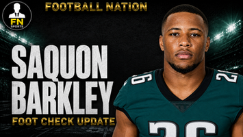 AI-generated Football Nation editorial cover depicting Saquon Barkley with the approved FN Sports crest for a left foot and ankle status update.