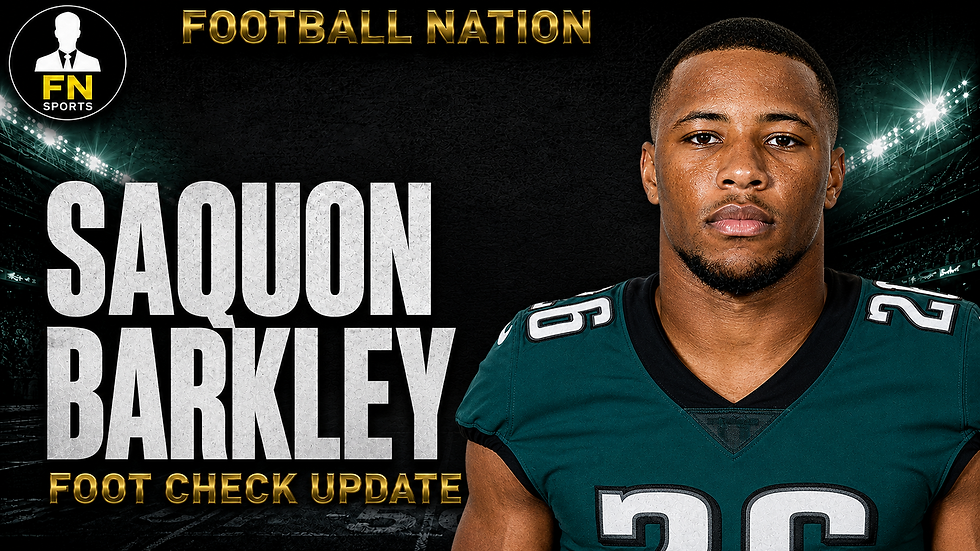 AI-generated Football Nation editorial cover depicting Saquon Barkley with the approved FN Sports crest for a left foot and ankle status update.