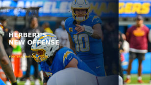 Justin Herbert in the current Los Angeles Chargers No. 10 uniform directing the offense beneath a Football Nation headline about Mike McDaniel’s 2026 system.