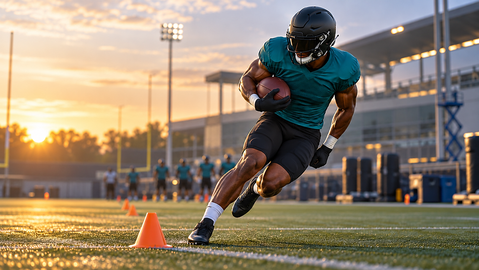 Anonymous teal-uniformed running back making a cut during practice for a LeQuint Allen Jr. hamstring injury article