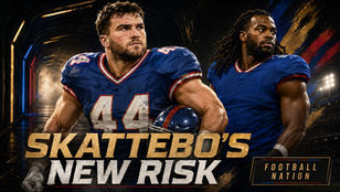 AI-assisted Football Nation illustration of Giants running back Cam Skattebo wearing number 44 beside newly reported Giants addition Najee Harris, who is shown without an unconfirmed jersey number.