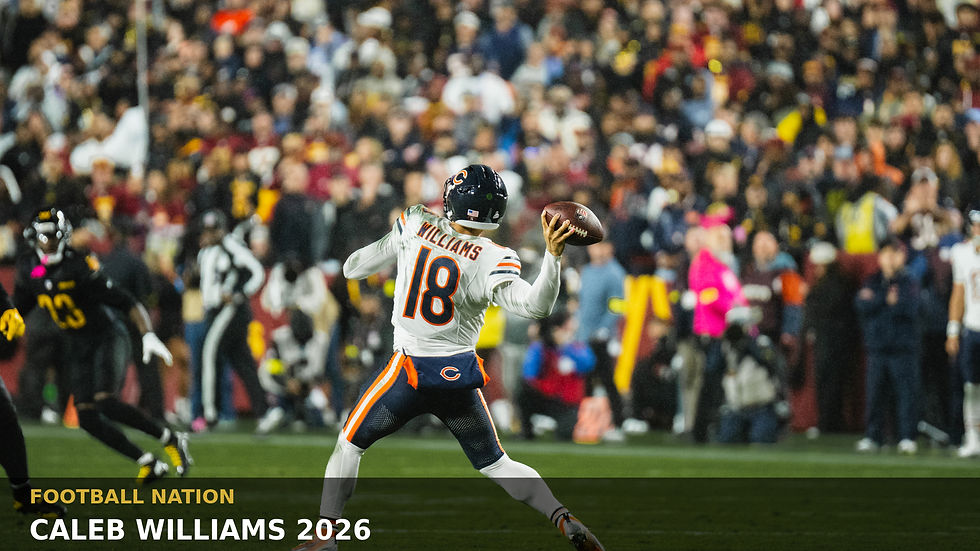 Caleb Williams throwing in his current Chicago Bears No. 18 uniform against Washington on October 13, 2025, with a Football Nation 2026 headline overlay.