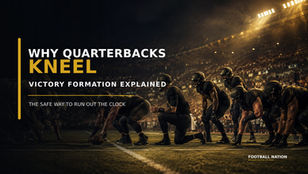Original Football Nation cover showing an anonymous quarterback beginning a game-ending kneel in a black-and-gold victory formation.