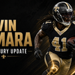 Football Nation black-and-gold cover illustration of New Orleans Saints running back Alvin Kamara in number 41 for his 2026 MCL injury fantasy outlook.