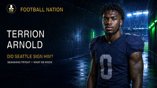 AI-generated Football Nation editorial likeness of free-agent cornerback Terrion Arnold in a generic navy No. 0 football jersey, using the exact approved FN Sports logo; original artwork, not a photograph.