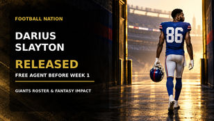 Original Football Nation editorial illustration of a No. 86 Giants-colored receiver walking toward free agency before Week 1.