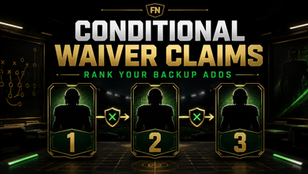 Football Nation black, gold and green cover showing three ranked conditional fantasy waiver targets.