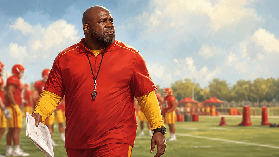 Original AI-generated Football Nation editorial illustration of Eric Bieniemy returning to 2026 Kansas City Chiefs training camp; this is artwork, not a photograph.
