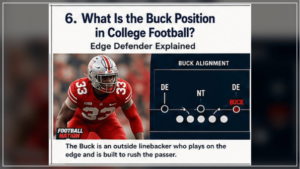 Football Nation graphic showing the Buck position on the edge of a college defensive front.