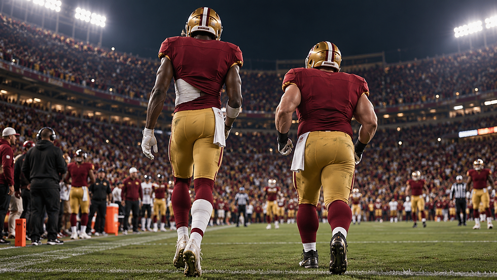 Two San Francisco football players in red and gold uniforms return to the field under stadium lights
