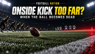 Football Nation illustration of an onside kick rolling toward a red dead-ball boundary.