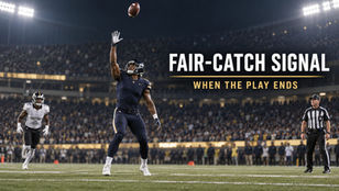 Football Nation illustration of a punt returner signaling above his helmet under the headline Fair-Catch Signal: When the Play Ends.