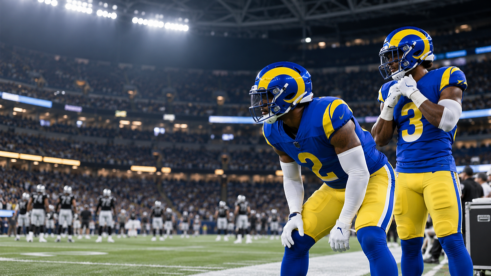 Two Los Angeles defensive backs prepare on the sideline before a game against Las Vegas