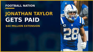 Indianapolis Colts running back Jonathan Taylor, No. 28, in his blue Colts uniform beside a Football Nation headline announcing his reported $44 million extension.