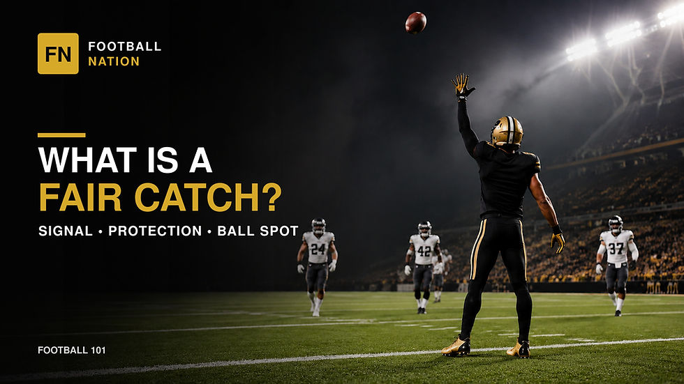 AI-assisted Football Nation illustration of a punt returner raising one arm to signal a fair catch as the football descends.