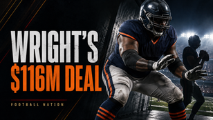 Football Nation cover showing a team-neutral navy-and-orange right tackle protecting a quarterback with the headline Wright’s $116M Deal