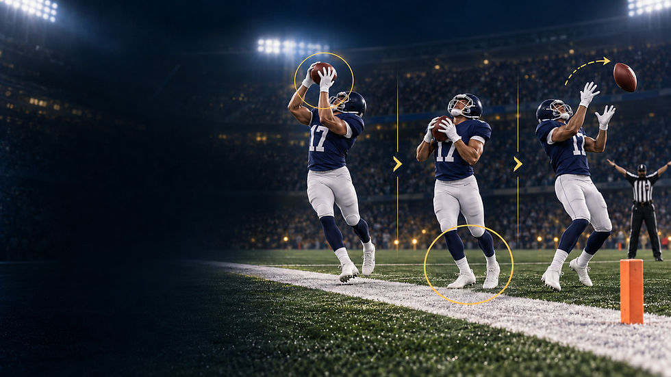 Football Nation teaching cover showing the three-stage NFL catch process ending in an incomplete pass.