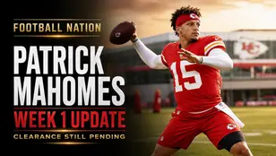 Football Nation cover showing Patrick Mahomes in Kansas City red with a left knee sleeve and the Week 1 clearance update.