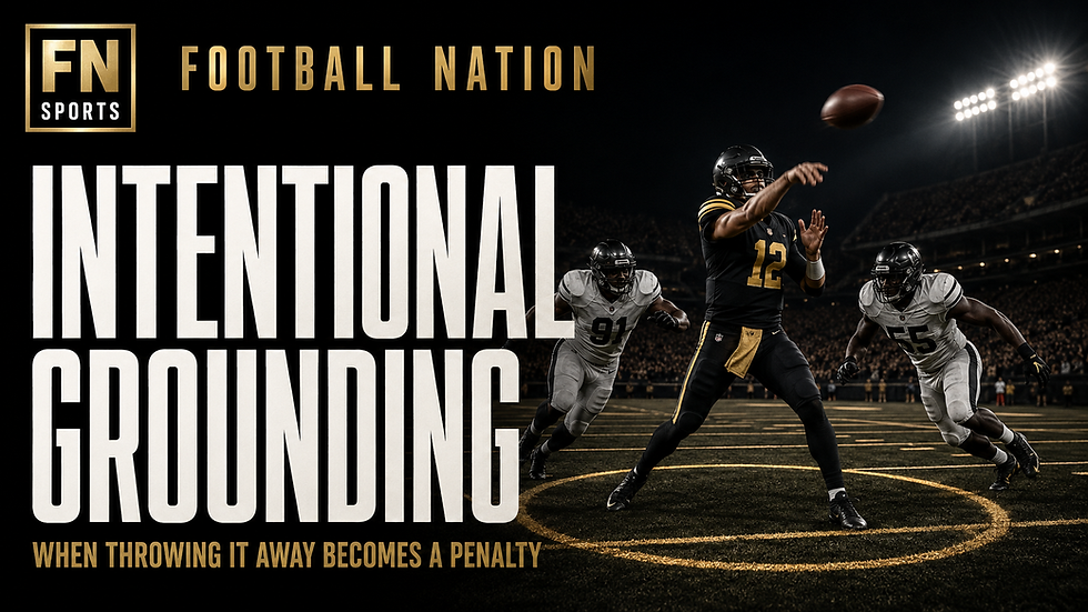 AI-assisted Football Nation cover showing an anonymous quarterback under pressure throwing toward empty turf, titled Intentional Grounding.
