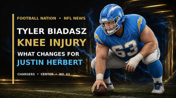 Football Nation original illustration of Chargers center Tyler Biadasz in current team colors and number 63.