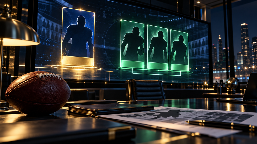 Football draft war room illustrating one leading selection and three premium picks