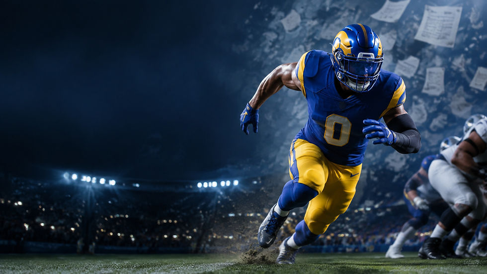 Original AI-generated Football Nation editorial illustration of Rams edge rusher Byron Young, No. 0, entering his 2026 contract year; artwork, not a photograph.