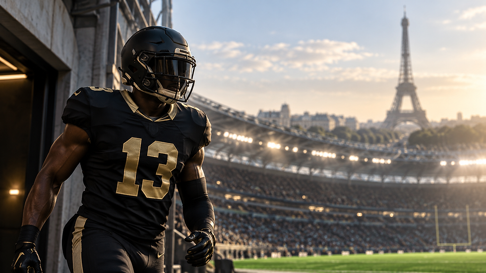 Anonymous black-and-gold running back entering a Paris stadium before a football game