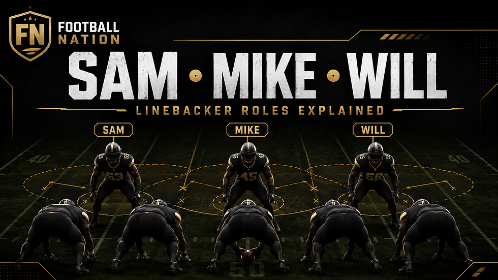 Football Nation cover showing generic Sam, Mike and Will linebackers aligned behind a defensive front.