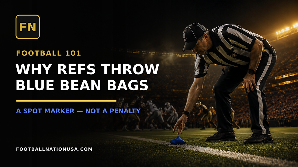 Football official placing a blue bean bag spot marker on the field during live action