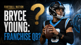 AI-assisted Football Nation editorial cover of Bryce Young in a current Carolina number 9 uniform for the 2026 franchise-quarterback and contract discussion.