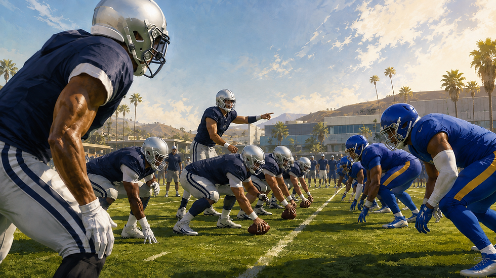 Original AI generated Football Nation editorial illustration representing the Cowboys and Rams 2026 joint practice in Southern California. Not a photograph.