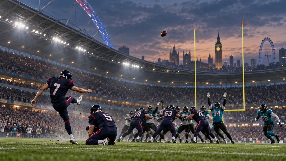 Anonymous navy-uniformed kicker attempts a last-second field goal against teal defenders in a London stadium