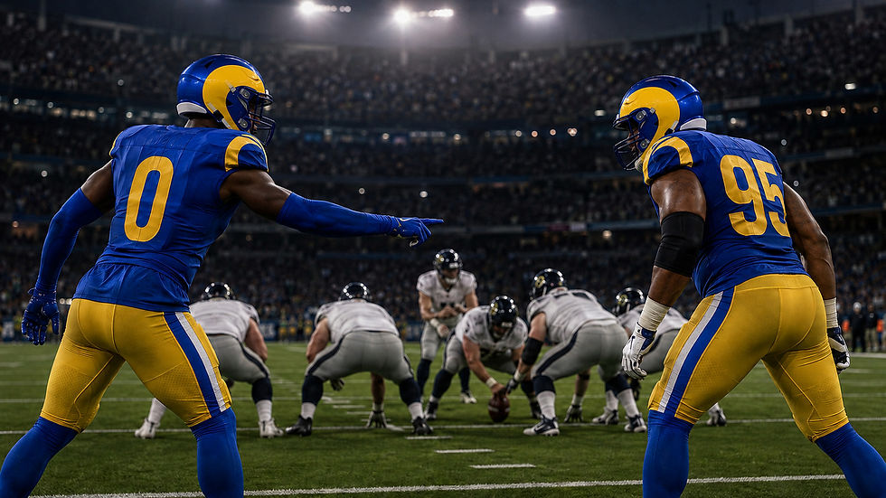 Original AI-generated Football Nation editorial illustration of Byron Young, No. 0, and Myles Garrett, No. 95, aligned as the Rams-context edge pairing in 2026; artwork, not a photograph.